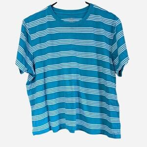 L L Bean Striped Cotton T Shirt Teal Blue White Short Sleeve Classic Casual Y2K